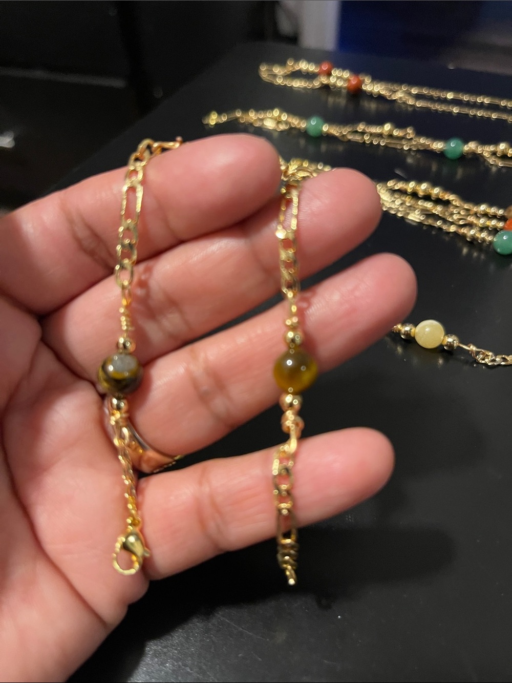 Gold-Tone Bracelet with Olive Green Beads